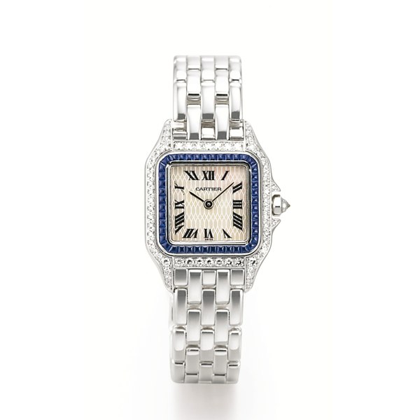 Cartier A LADY'S WHITE GOLD SAPPHIRE AND DIAMOND-SET BRACELET WATCH WITH MOTHER-OF-PEAR DIAL CIRCA 2000 PANTHERE DE CARTIER