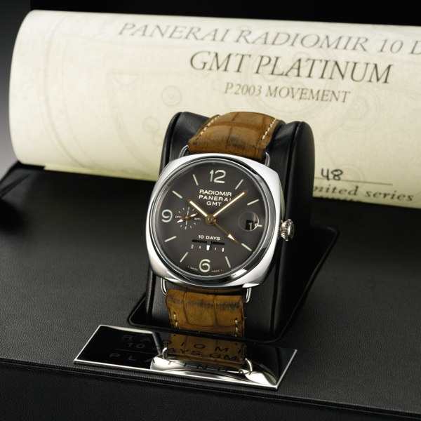 Panerai A FINE SPECIAL EDITION PLATINUM CUSHION-FORM AUTOMATIC DUAL TIME WRISTWATCH WITH DATE, NIGHT/DAY AND 10-DAY POWER RESERVE INDICATION MADE IN 2007 PAM00274 RADIOMIR 10 DAYS GMT NO J48/50
