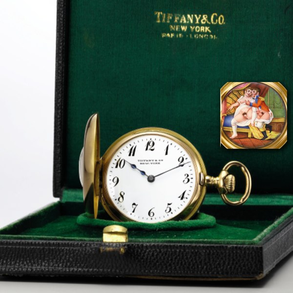 Tiffany & Co. A VERY UNUSUAL SMALL YELLOW GOLD SEMI-HUNTING CASED WATCH WITH ENAMEL EROTIC SCENE CIRCA 1900