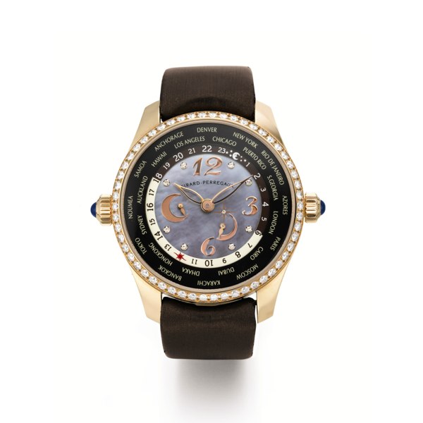 Girard-Perregaux A PINK GOLD AND DIAMOND-SET AUTOMATIC WORLD TIME WRISTWATCH WITH POWER RESERVE INDICATOR AND MOTHER-OF-PEARL DIAL CIRCA 2008 NO 133