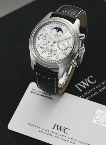 International Watch Co. A FINE LIMITED EDITION LARGE STAINLESS STEEL AUTOMATIC TWO TIME ZONE PERPETUAL CALENDAR CHRONOGRAPH WRISTWATCH WITH MOON-PHASES REF 3757 NO 3066793 SPITFIRE CIRCA 2005