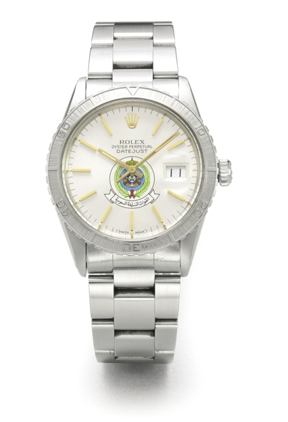 Rolex A STAINLESS STEEL AUTOMATIC CENTRE SECONDS WRISTWATCH WITH DATE BRACELET AND SAUDI ARABIA ARMED AIR FORCE INSIGNIA REF 16250/16000 CASE 6347420 DATEJUST CIRCA 1980
