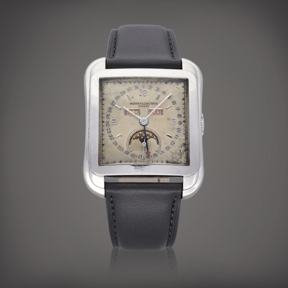 Cioccolatone Reference 4764 A possibly unique platinum triple date wristwatch with moon phases Circa 1958    Cioccolaton  4764  1958