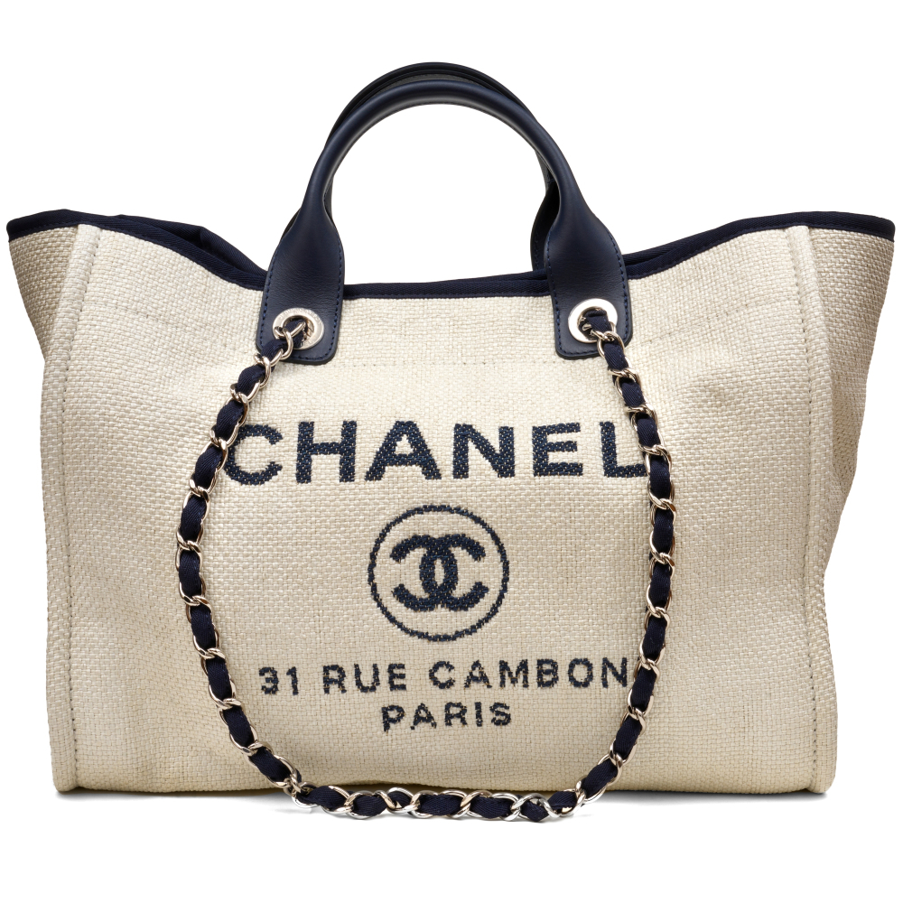 White and Navy Canvas Deauville Tote Pale Gold Hardware, 2019