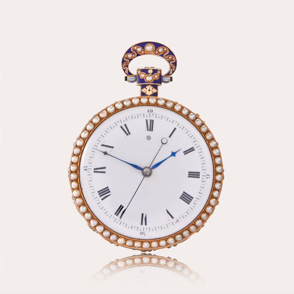 PROPERTY FROM AN ERUDITE COLLECTOR Attributed to Piguet & Meylan and Frères Oltramere A fine and extremely rare gold, enamel and pearl-set open-faced minute repeating centre seconds watch made for the Chinese market with double wheel duplex escapement an