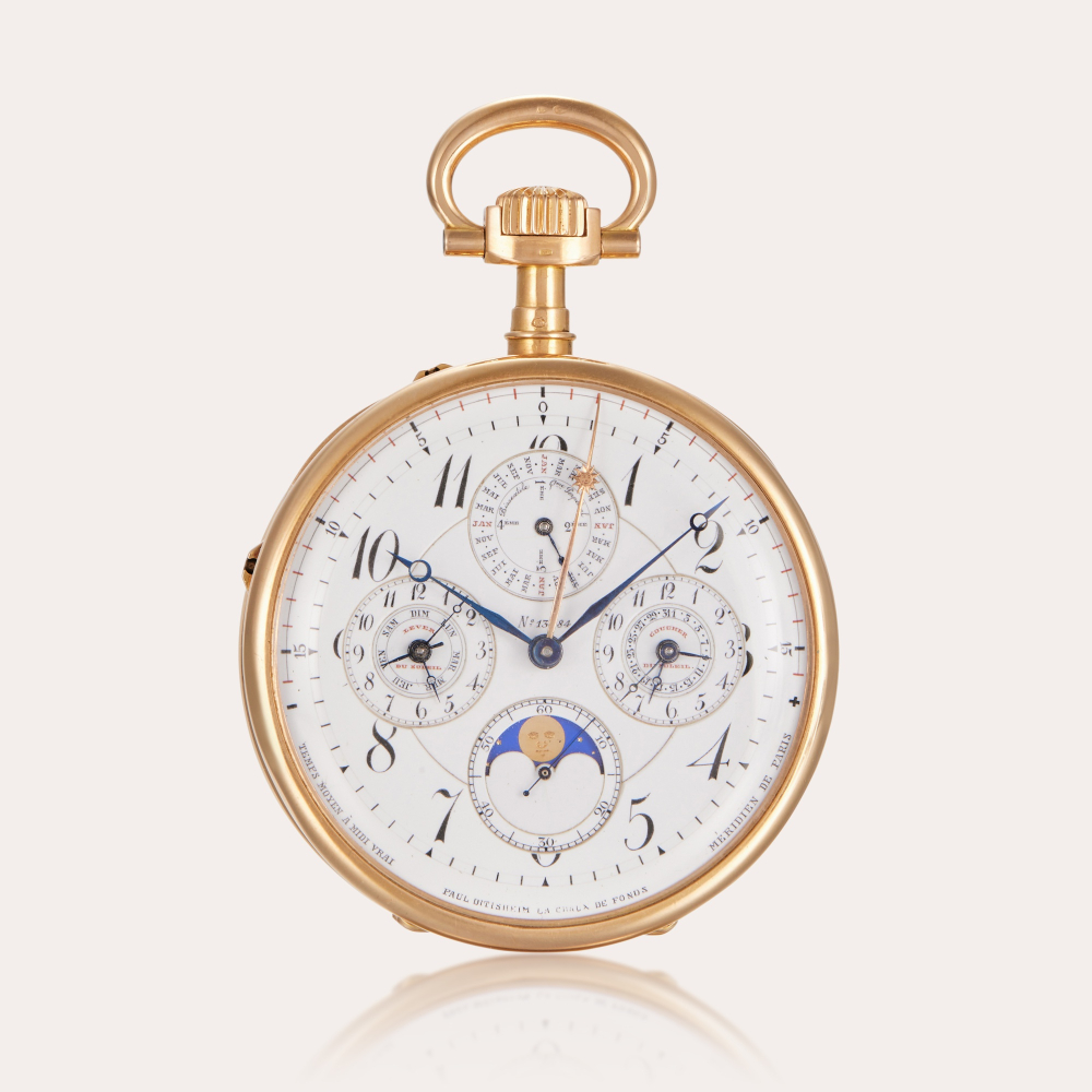 PROPERTY FROM AN ERUDITE COLLECTOR Paul Ditisheim A highly important astronomical chronometer rated precision watch with perpetual calendar, equation of time calculated for the Paris Meridian, sunrise/sunset indication and moon phases | Circa 1899 | No. 1