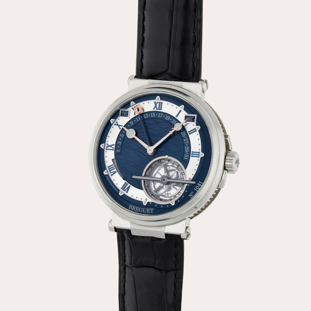 Breguet Marine Tourbillon Equation Marchante, Reference 5887PT/Y2/9WV | A platinum perpetual calendar tourbillon wristwatch with running equation of time, retrograde date and power reserve indication | Circa 2022