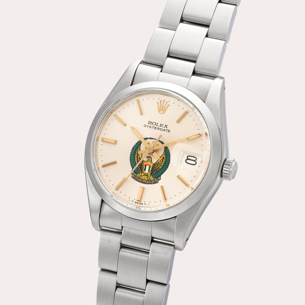 Rolex Oyster Date, Reference 6694 | A stainless steel wristwatch with UAE Coat of Arms dial, date and bracelet | Circa 1978