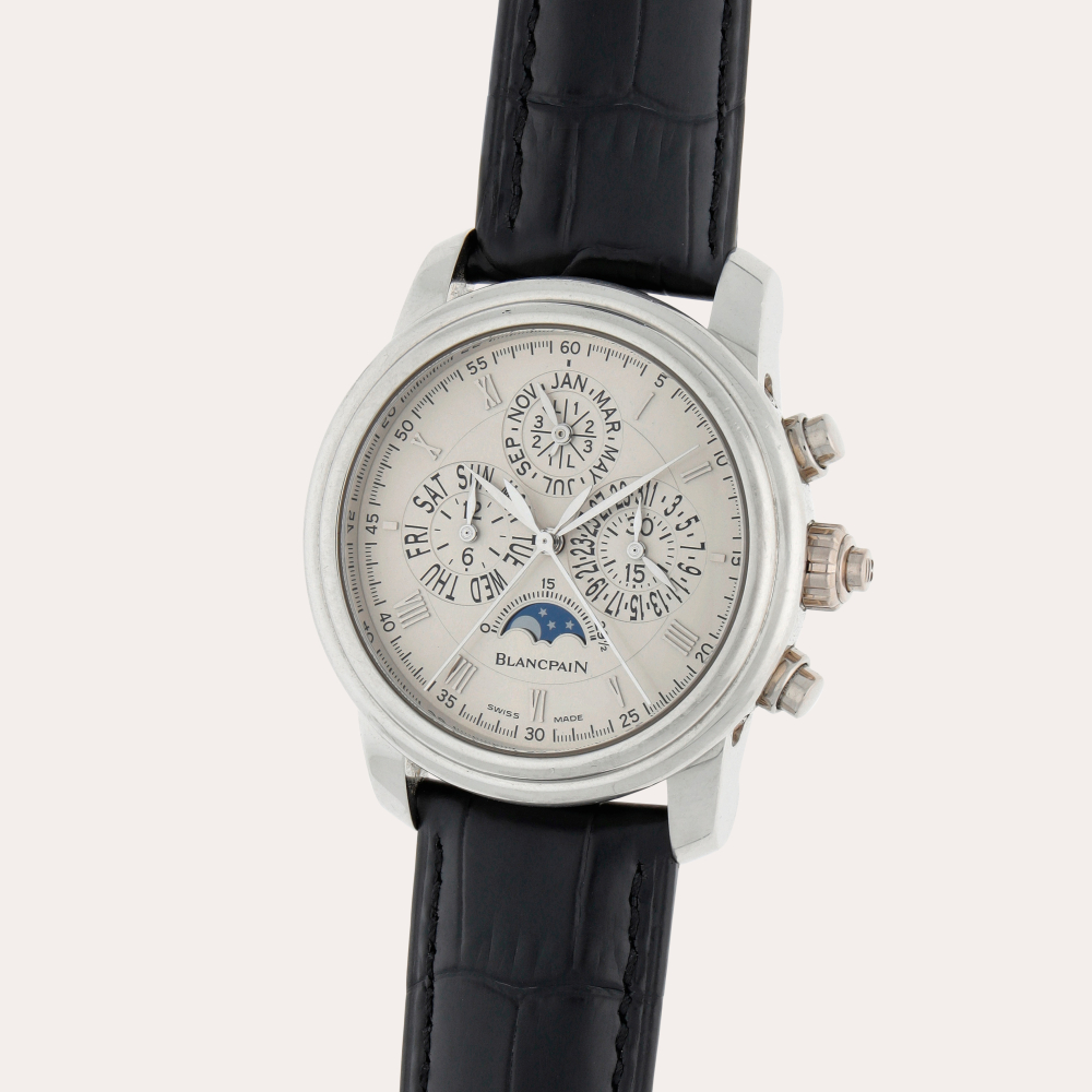Blancpain Le Brassus, Reference 4286P-3442A-55B | A limited edition platinum perpetual calendar split-second chronograph wristwatch with moon phases and leap year indication | Circa 2006