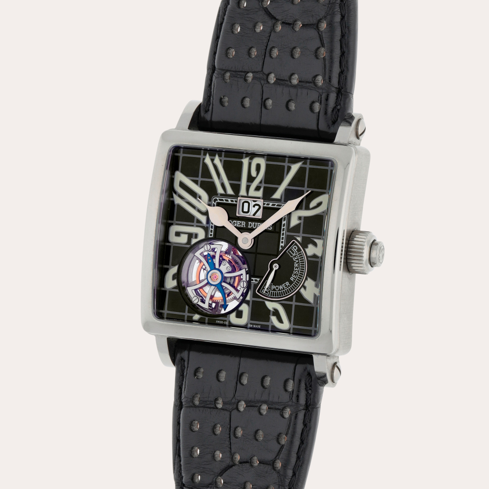 Roger DubuisGolden Square Flying Tourbillon, Reference G-40-03-7 | A stainless steel flying tourbillon wristwatch with date and power reserve indication | Circa 2007