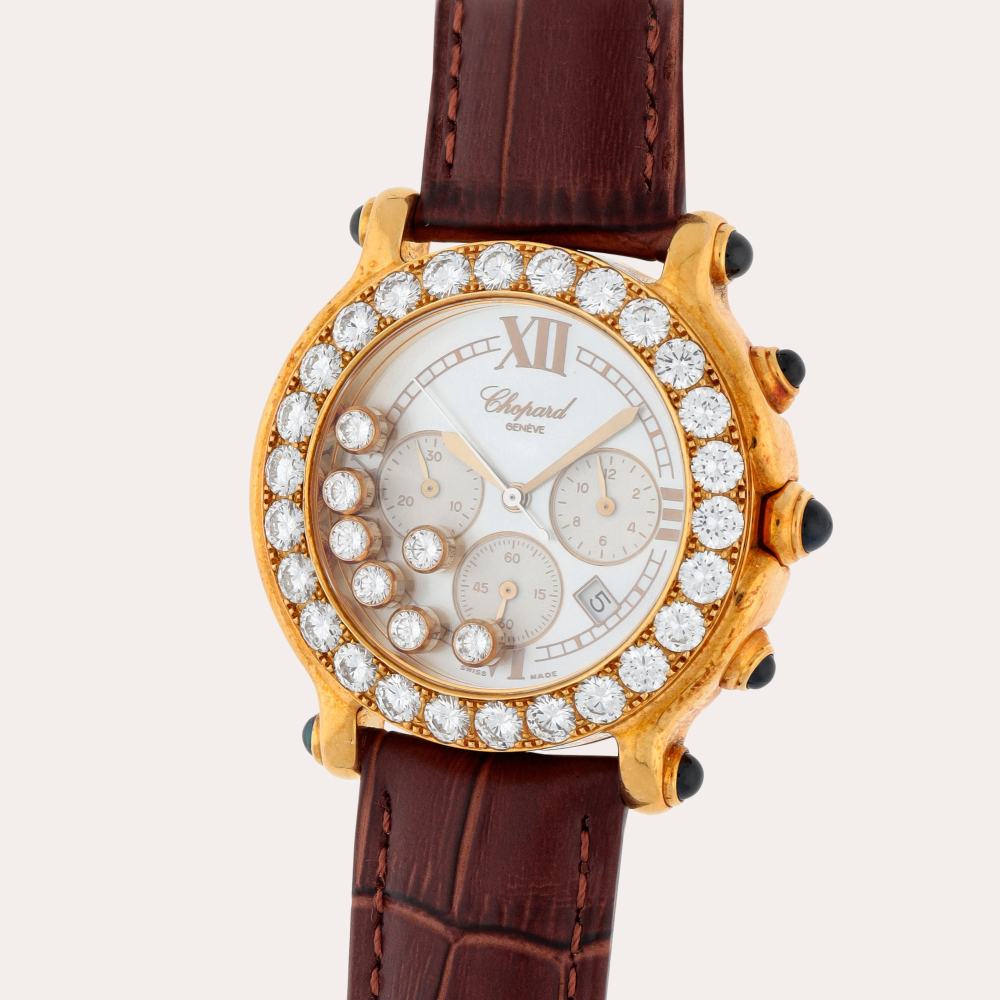 Chopard Happy Sport, Reference 28/3189-23/11 | A yellow gold, sapphire and diamond-set chronograph wristwatch with date and mother-of-pearl dial | Circa 2005