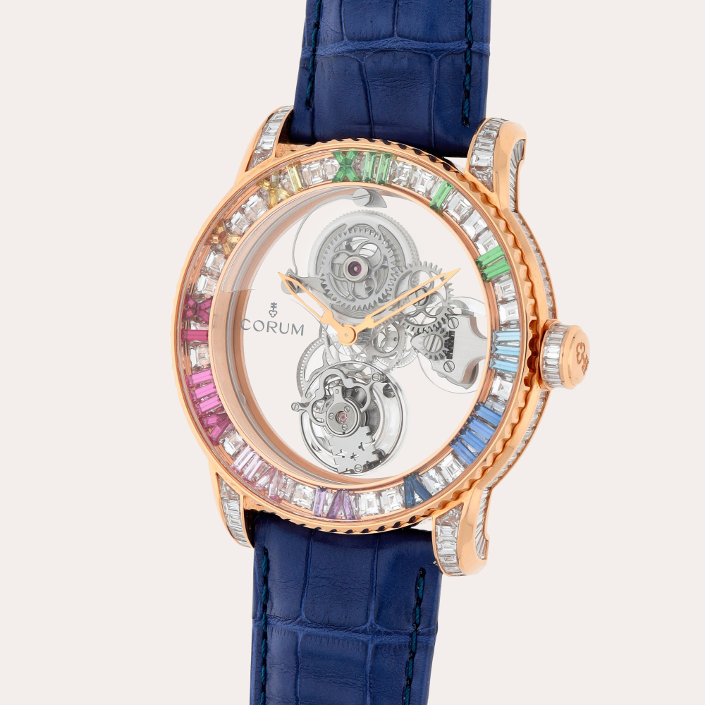 Corum Romvlvs 44 Billionaire, Reference 374.710.85/0F09 0000 | A pink gold gem-set skeletonized tourbillon wristwatch | Circa 2019