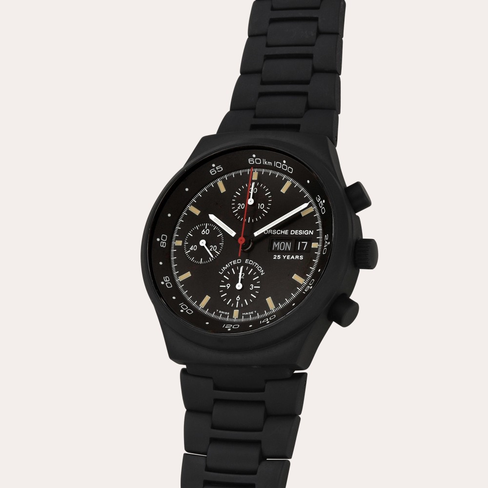 Porsche Design | Eterna Chronograph PO11 “25 Anniversary”, Reference 6625.11 | A black PVD-coated stainless steel chronograph wristwatch with day and date | Circa 1998
