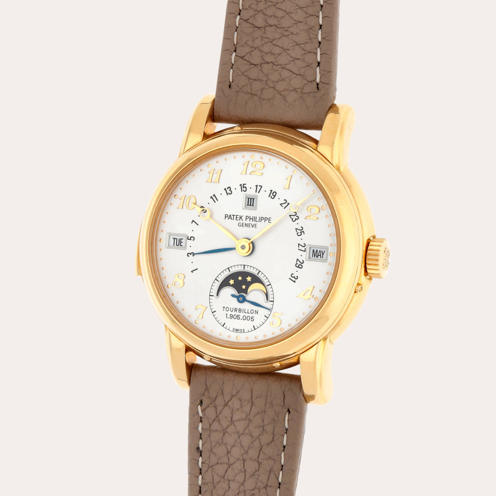 Patek Philippe Reference 5016 | A yellow gold minute repeating perpetual calendar tourbillon wristwatch with retrograde date, moon phases and leap year indication | Made in 1993