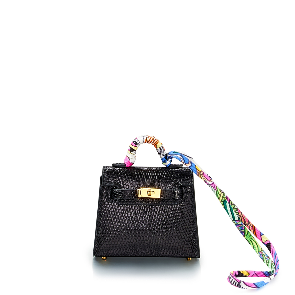 Black Shiny Salvator Lizard Micro Mini Twilly Kelly Bag Charm Gold Hardware, 2022