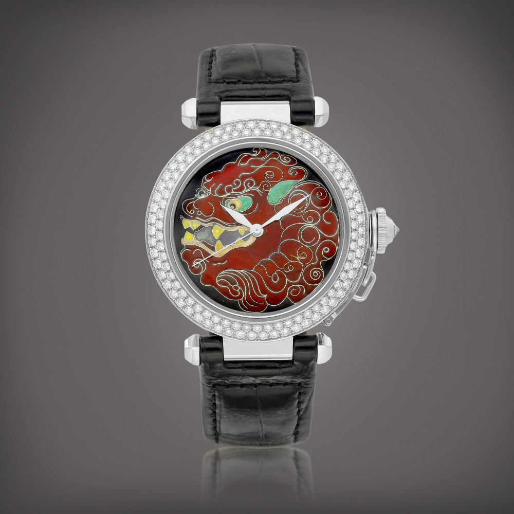 Pasha Reference 2495  A limited edition white gold and diamondset wristwatch with cloisonn enamel dial depicting a Chinese guardian lion Circa 2002    Pasha 2495  2002