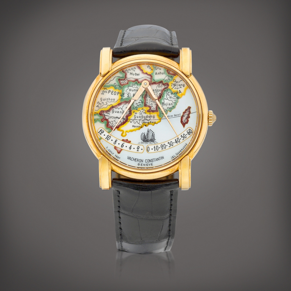 Mercator Reference 43050  A limited edition pink gold retrograde wristwatch with champlev enamel dial Made to celebrate the handover of Hong Kong to China Made in 1996