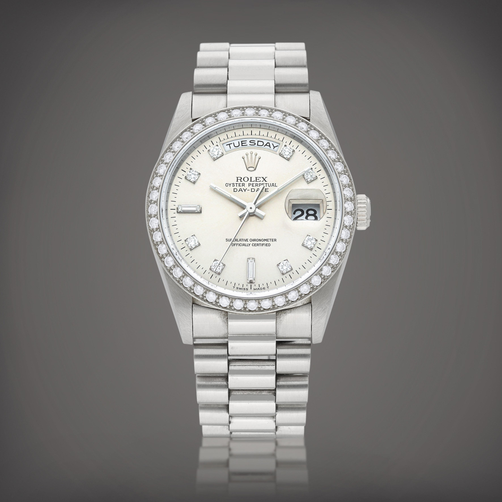 DayDate Reference 18346  A platinum and diamondset wristwatch with day date and bracelet Circa 1995    DayDate 18346  1995