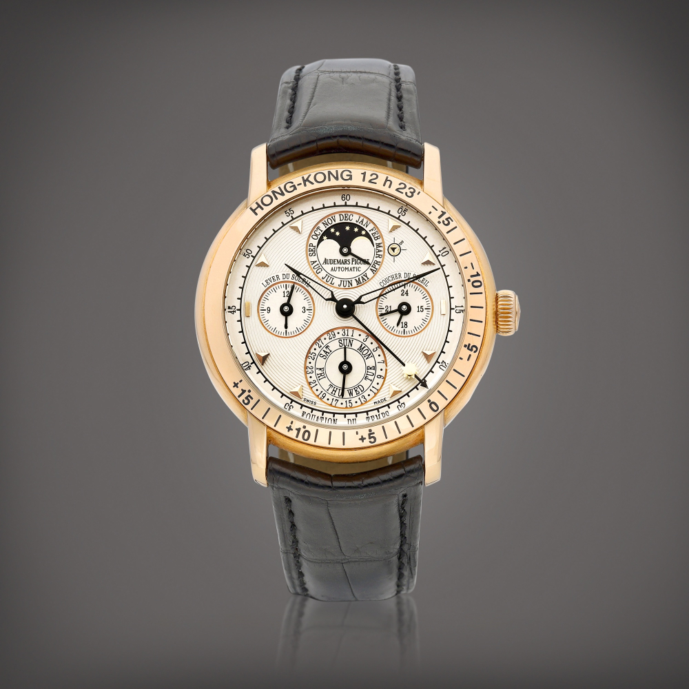 Jules Audemars Reference 25934  A pink gold perpetual calendar wristwatch with equation of time moon phases sunrise sunset and leap year indication Circa 2004   Jules Audemars 25934  2004