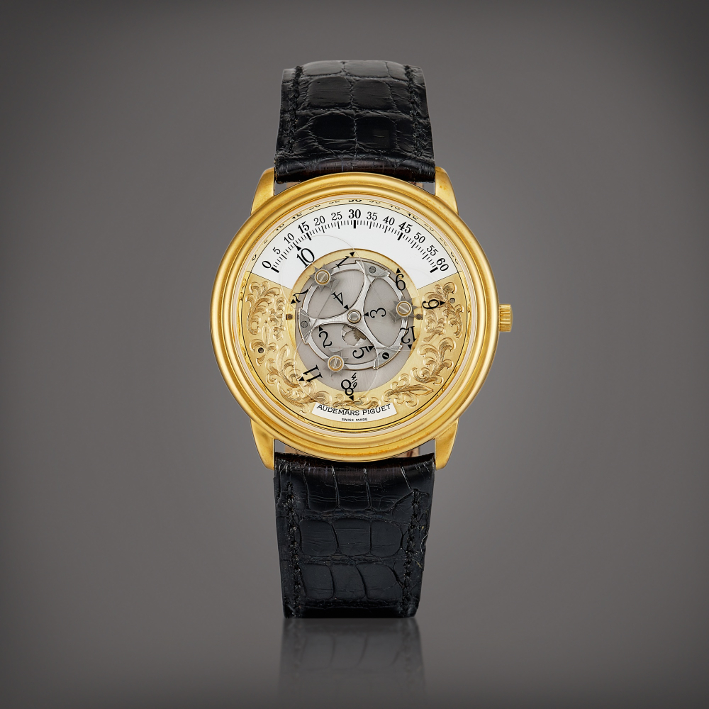 PROPERTY FROM A PROMINENT COLLECTOR  Audemars Piguet  Star Wheel, Reference 25720BA.OO.A002.02 A limited edition semi-skeletonised yellow gold wristwatch with wandering hours display, Circa 1993 