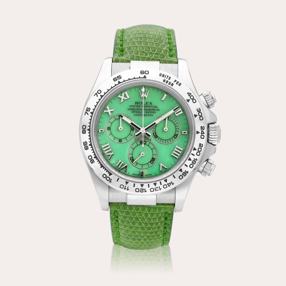 Rolex Cosmograph Daytona "Beach", Reference 116519 | A white gold chronograph wristwatch with green chalcedony dial, Circa 2004 | 勞力士 | Cosmograph Daytona "Beach" 型號116519 | 白金計時腕錶，備綠玉髓錶盤，約2004年製