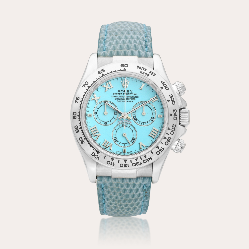 Rolex Cosmograph Daytona "Beach", Reference 116519 | A white gold chronograph wristwatch with turquoise dial, Circa 2000 | 勞力士 | Cosmograph Daytona "Beach" 型號116519 | 白金計時腕錶，備綠松石錶盤，約2000年製