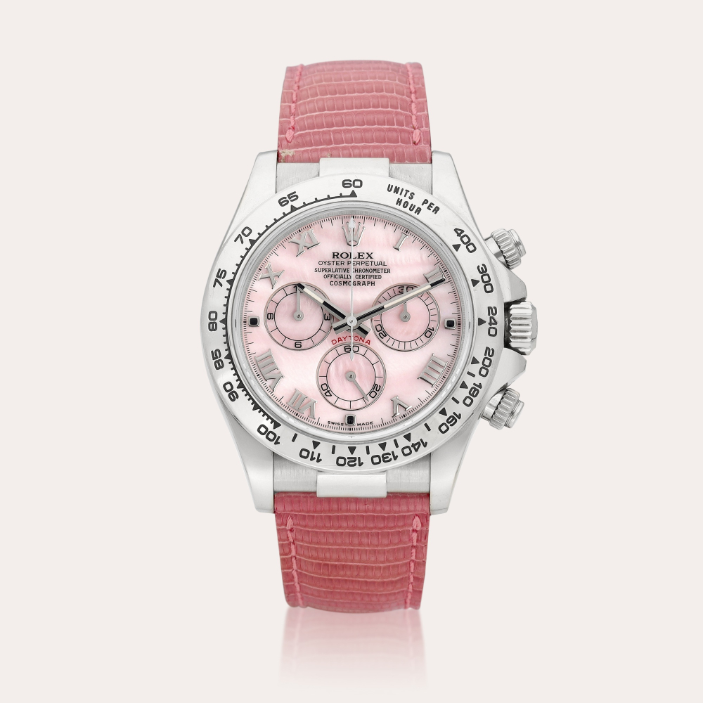 Rolex Cosmograph Daytona "Beach", Reference 116519 | A white gold chronograph wristwatch with pink mother-of-pearl dial, Circa 2011 | 勞力士 | Cosmograph Daytona "Beach" 型號116519 | 白金計時腕錶，備粉紅色珠母貝錶盤，約2011年製