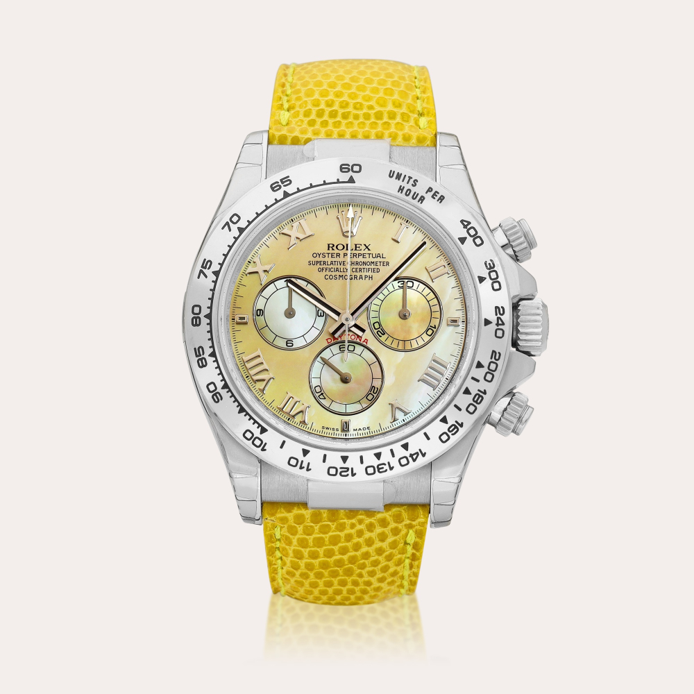 Rolex Cosmograph Daytona "Beach", Reference 116519 | A white gold chronograph wristwatch with yellow mother-of-pearl dial, Circa 2007 | 勞力士 | Cosmograph Daytona "Beach" 型號116519 | 白金計時腕錶，備黃色珠母貝錶盤，約2007年製