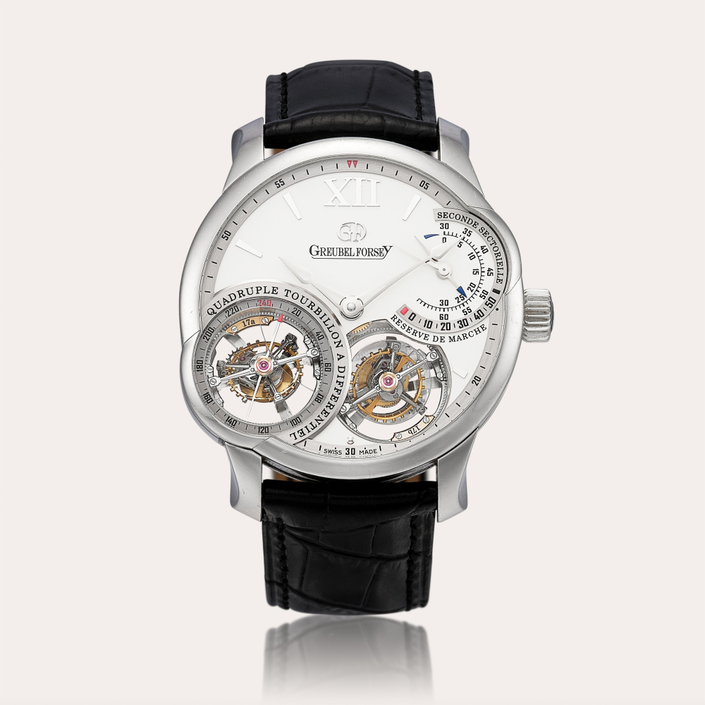 Greubel Forsey Quadruple Tourbillon à Différentiel Sphérique | A limited edition platinum differential quadruple tourbillon wristwatch with power reserve indication, Circa 2021 | 限量版鉑金四體陀飛輪腕錶，備動力儲備顯