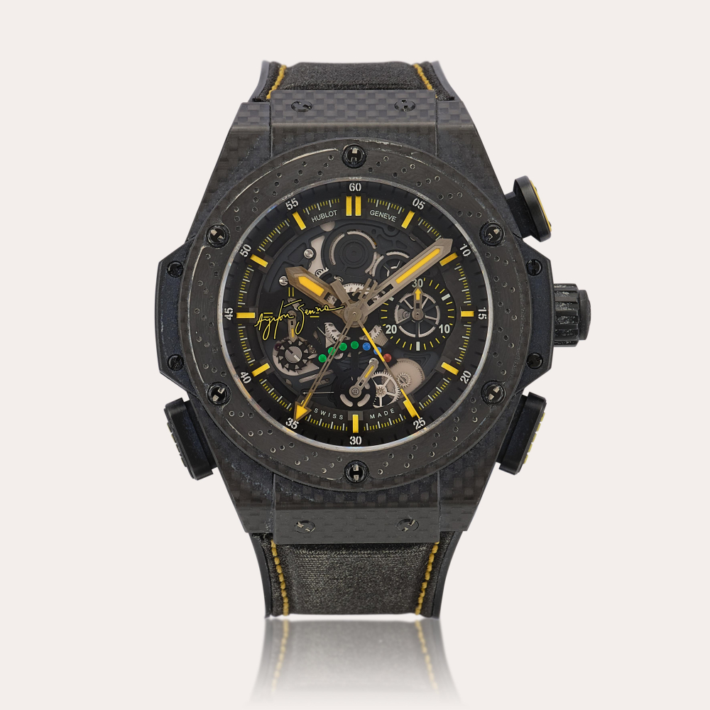 HublotBig Bang ‘King Power Ayrton Senna’, Reference 719.QX.1729.NR.AES10 A limited edition carbon fibre and black ceramic semi-skeletonised split seconds chronograph wristwatch with power reserve indication, Circa 2011 宇舶 Big Bang ‘King Power Ay