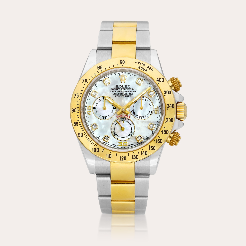 Rolex Cosmograph Daytona, Reference 116523 | A yellow gold, stainless steel and diamond-set chronograph wristwatch with bracelet and mother-of-pearl dial, Circa 2014 | 勞力士 | Cosmograph Daytona 型號116523 | 