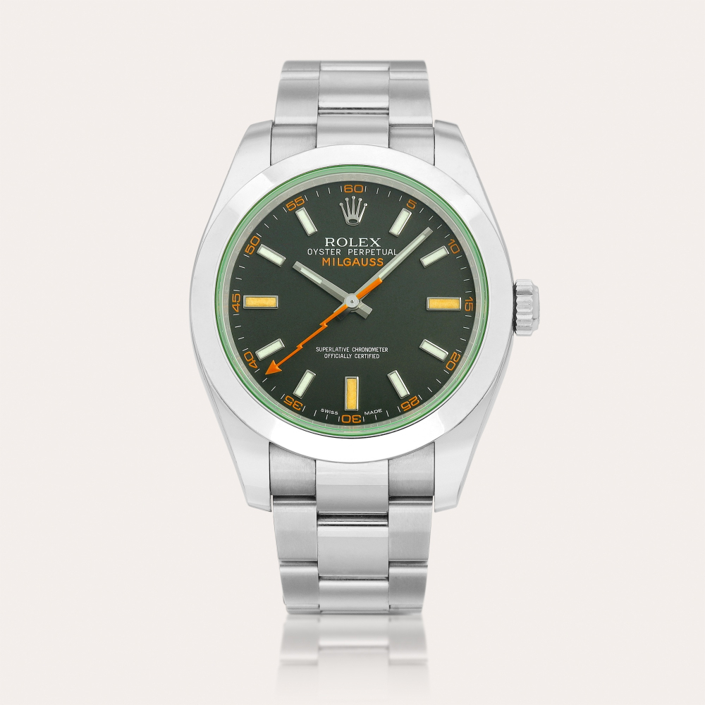 Rolex Milgauss, Reference 116400GV | A stainless steel antimagnetic wristwatch with green sapphire crystal and bracelet, Circa 2015 | 勞力士 | Milgauss 型號116400GV | 精鋼防磁鏈帶腕錶，備綠色藍寶石水晶玻璃，約2015年製