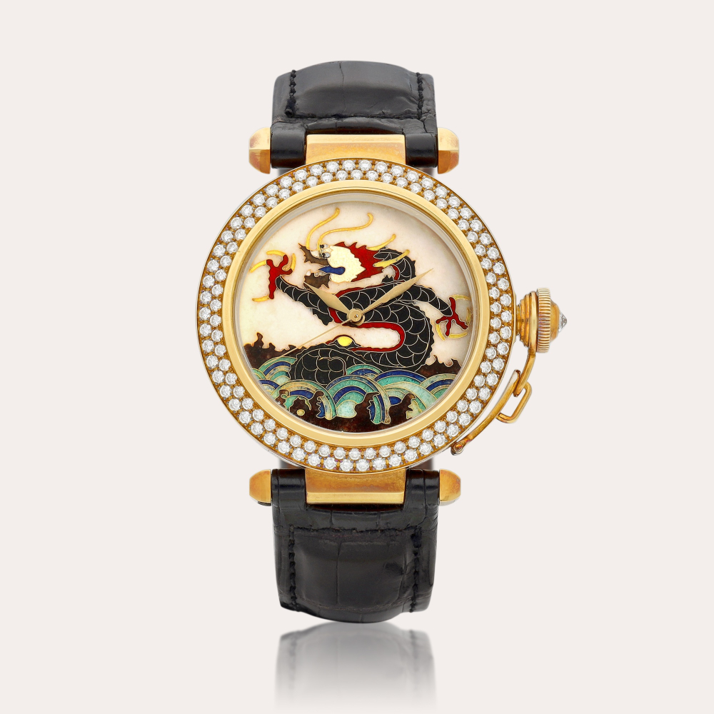 Cartier Pasha, Reference 2467 | A limited edition yellow gold and diamond-set wristwatch with cloisonné enamel dial, Circa 2000 | 卡地亞 | Pasha 型號2467 | 限量版黃金鑲鑽石腕錶，備掐絲琺瑯錶盤，約2000年製