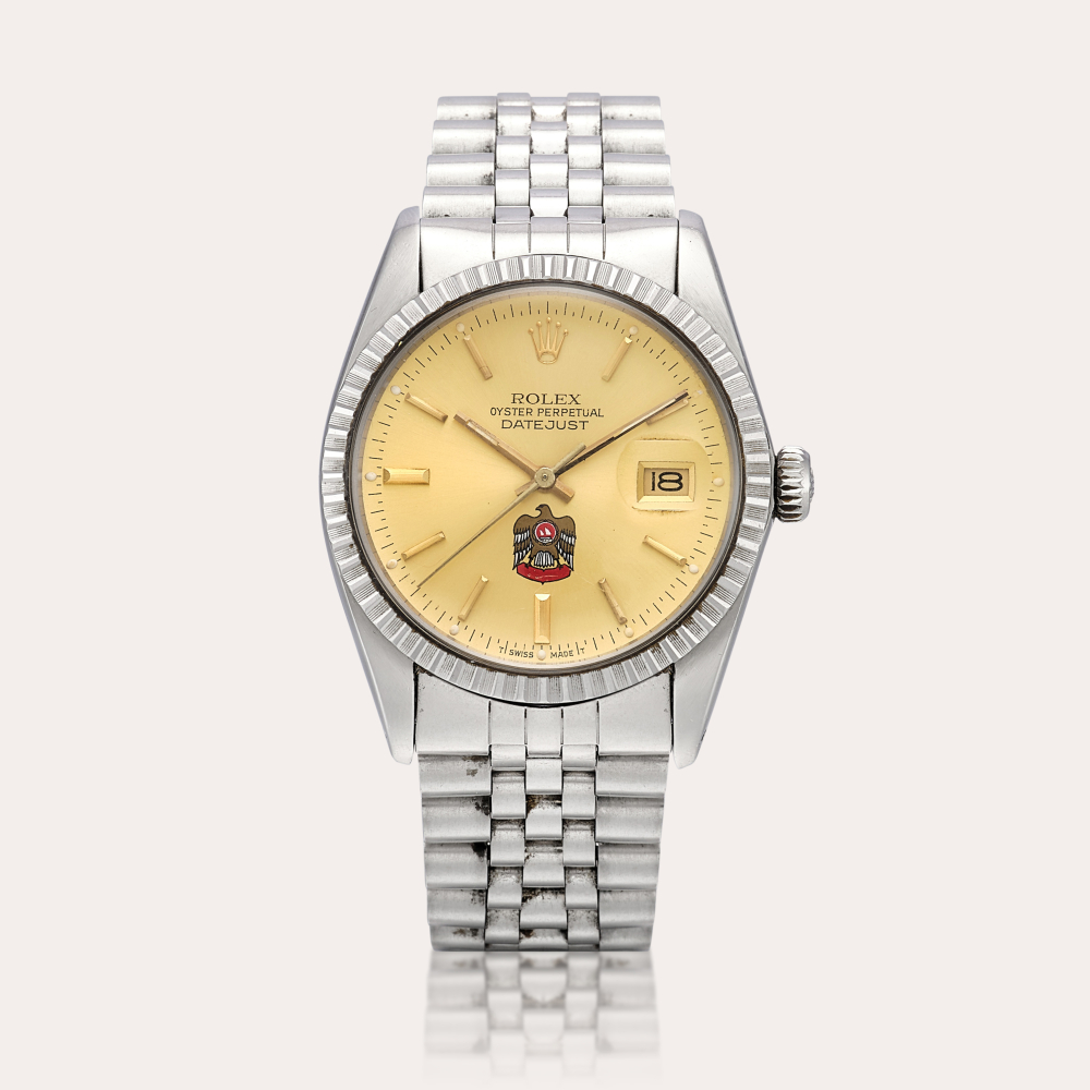 Rolex Datejust, Reference 16030 | A stainless steel wristwatch with UAE Coat of Arms dial, date and bracelet, Circa 1981 | 勞力士 | DateJust 型號16030 | 精鋼鏈帶腕錶，備日期顯示及阿拉伯聯合酋長國國徽錶盤，約1981