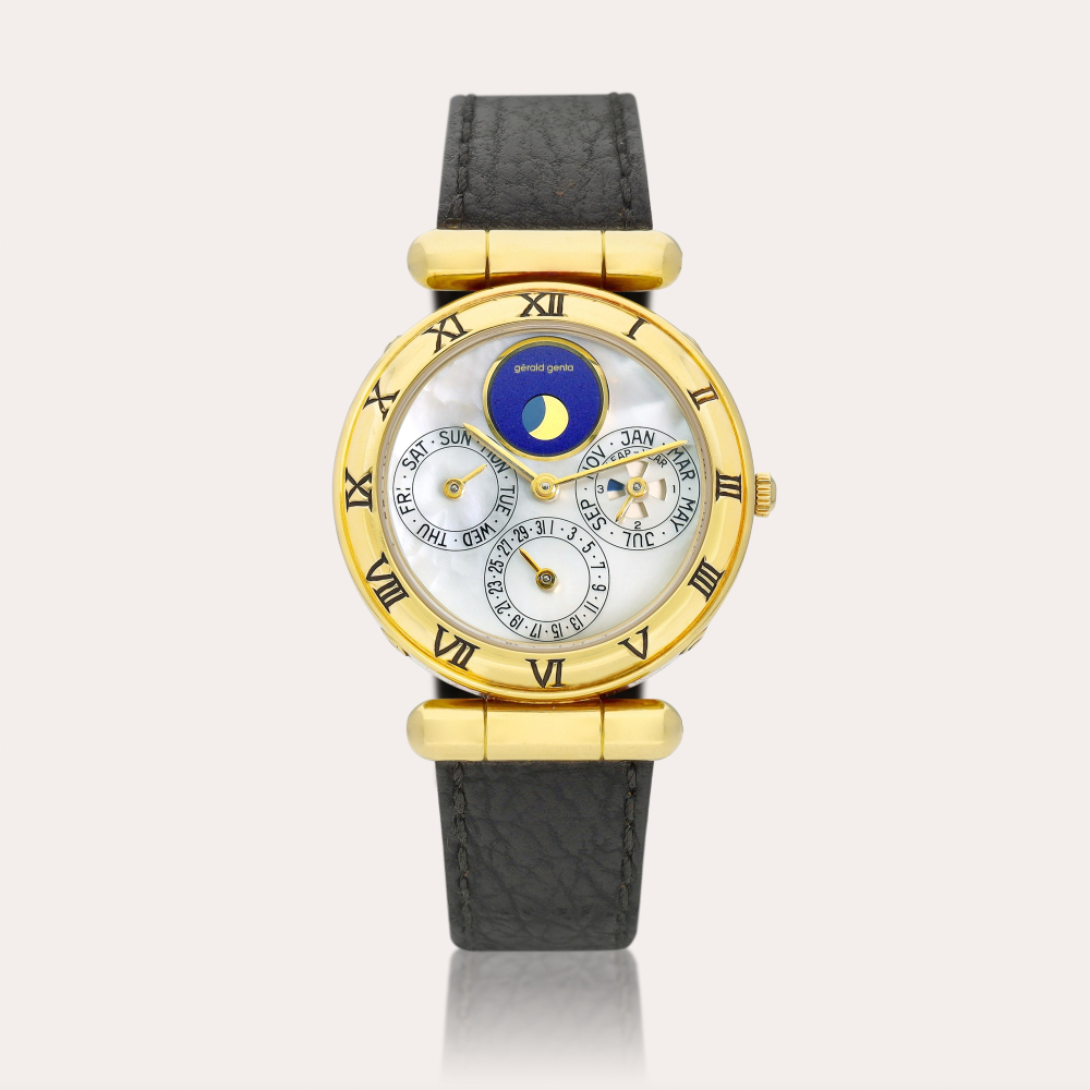 Gérald Genta Reference G2994.7 | A yellow gold perpetual calendar wristwatch with moon phases, leap year indication and mother-of-pearl dial, Circa 1985 | 型號G2994.7 | 黃金萬年曆腕錶，備月相，閏年顯示及珠貝