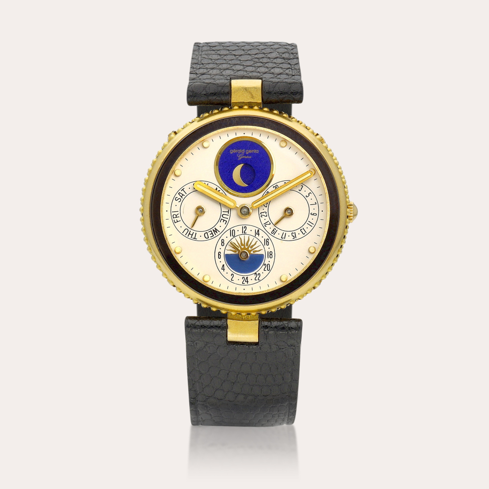 Gérald Genta Gefica Safari | A yellow gold wristwatch with day, date, moonphases and 24 hour indication, Circa 1990 | Gefica Safari | 黃金腕錶備日期，星期，月相及24小時顯示，約1990年製