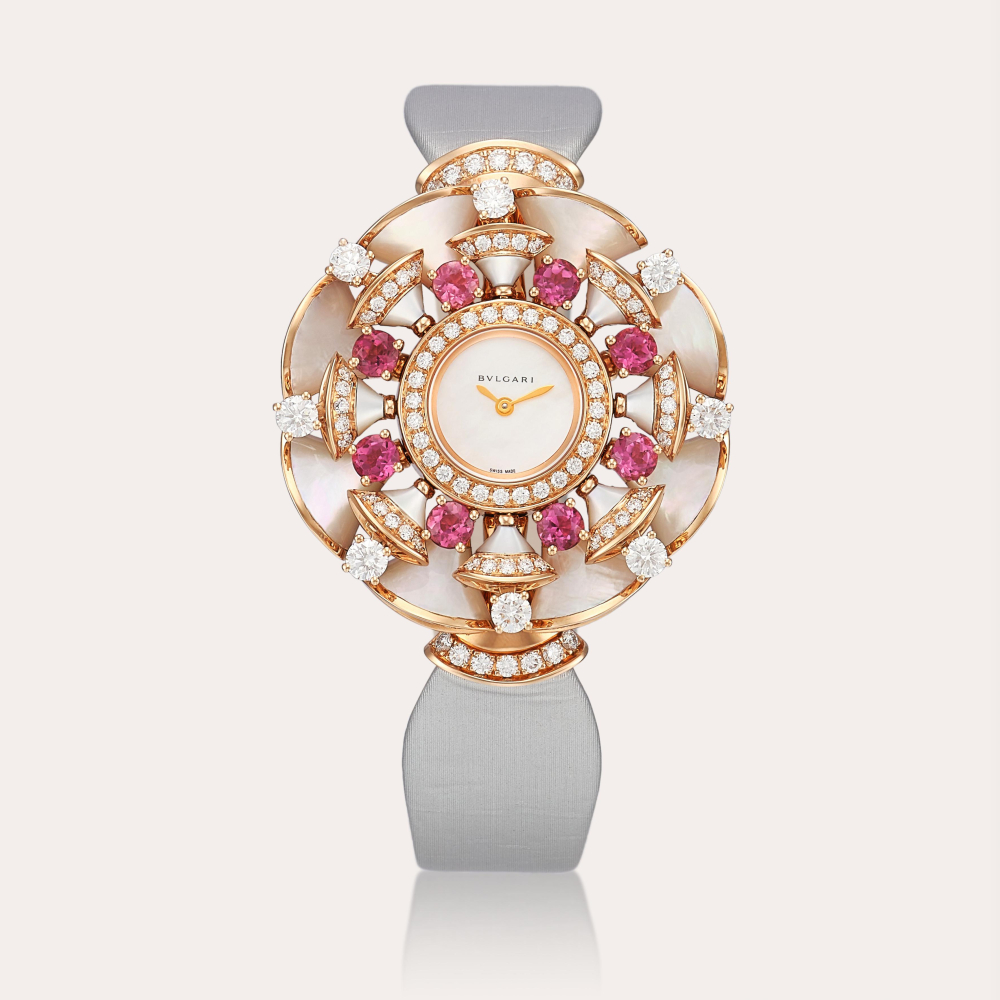 Bulgari Diva's Dream, Reference 102218 | A pink gold, diamond and tourmaline-set wristwatch with mother-of-pearl dial, Circa 2022 | 寶格麗 Diva's Dream 型號102218 | 粉紅金鑲鑽石及碧璽腕錶，備珠母貝錶盤，約2022年製