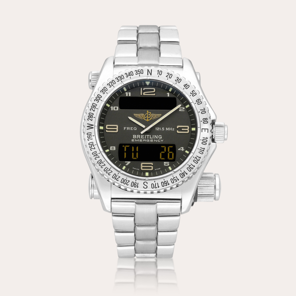 Breitling Emergency, Reference J56321 | A white gold multi-functional digital display bracelet watch, Circa 1999 | 百年靈 | Emergency 型號J56321 | 白金多功能數位顯示鏈帶腕錶，約1999年製