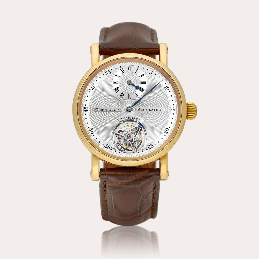 Chronoswiss Régulateur à Tourbillon, Reference CH 3121 R A pink gold tourbillon wristwatch with regulator dial, Circa 2000 | Régulateur à Tourbillon 型號CH 3121 R | 粉紅金陀飛輪腕錶備規範指針錶盤，約2000年製