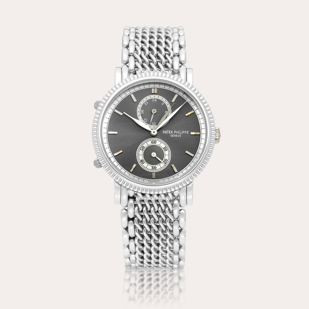 Patek Philippe Travel Time, Reference 5034 | A white gold dual time bracelet watch with 24 hour indication, Circa 2000 | 百達翡麗 | Travel Time 型號5034 | 白金兩地時間鏈帶腕錶，備24小時顯示， 約2000年製