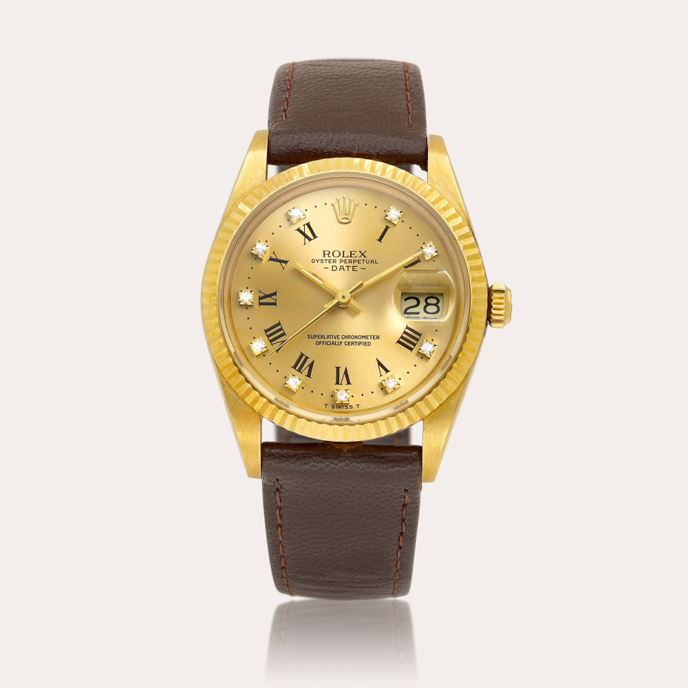 Rolex Oyster Perpetual Date, Reference 15038 | A yellow gold and diamond-set wristwatch with date, Circa 1987 | 勞力士 | Oyster Perpetual Date 型號15038，約1987年製 | 黃金鑲鑽石腕錶，備日期顯示，約1987年製
