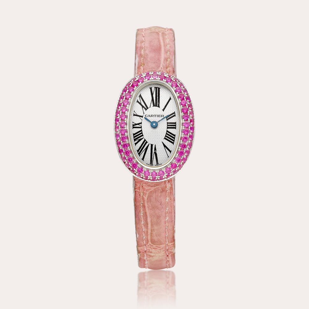 Cartier Mini Baignoire, Reference 2369 | A white gold and pink sapphire-set wristwatch, Circa 2002 | 卡地亞 | Mini Baignoire 型號2369 | 白金鑲粉紅色藍寶石腕錶，約2002年製