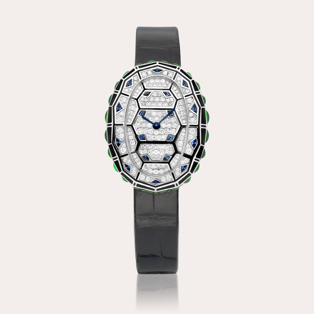Cartier Baignoire Turtle, Reference CRWJLI0021 | A limited edition white gold, diamond, sapphire, black enamel and tsavorite-set wristwatch, Circa 2021 | 卡地亞 | Baignoire Turtle 型號CRWJLI0021 | 限量版白金鑲鑽石、