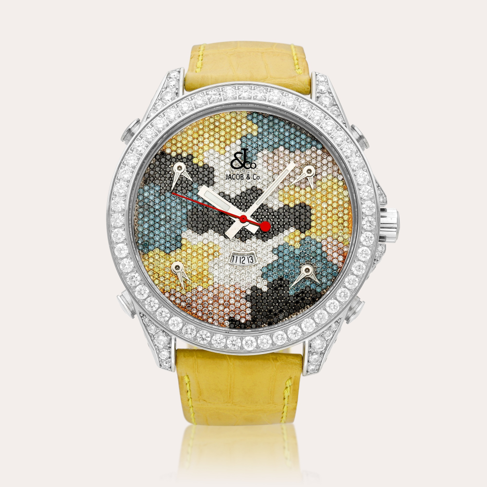 Jacob & Co. The Five Time Zones, Reference JC-M66 | A stainless steel, diamond and multi-coloured gem-set five time zone wristwatch with date, Circa 2005 | The Five Time Zones 型號JC-M66 | 精鋼鑲鑽石及多彩寶石五