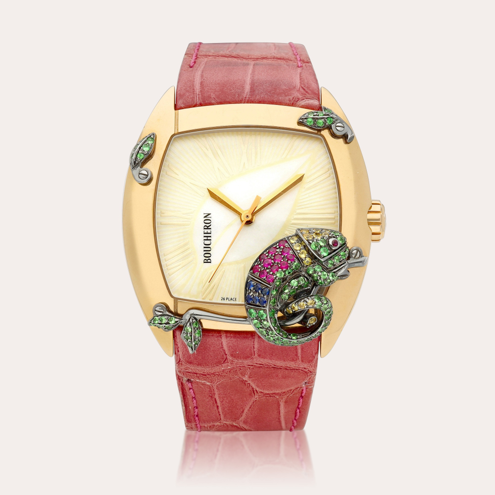 Boucheron MEC Jungle Chameleon | A limited edition pink gold and multi-coloured gem-set wristwatch with mother-of-pearl dial, Circa 2008 | 寶詩龍 | MEC Jungle Chameleon | 限量版粉紅金多彩寶石腕錶，備珠母貝錶盤，約2008年製