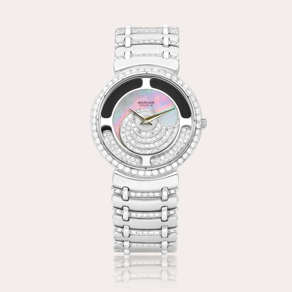 Sarcar Magic Moon | A white gold and diamond-set bracelet watch with mother-of-pearl dial and rotating plate, Circa 2000 | 白金鑲鑽石鏈帶腕錶，備珠母貝錶盤及迴轉盤，約2000年製