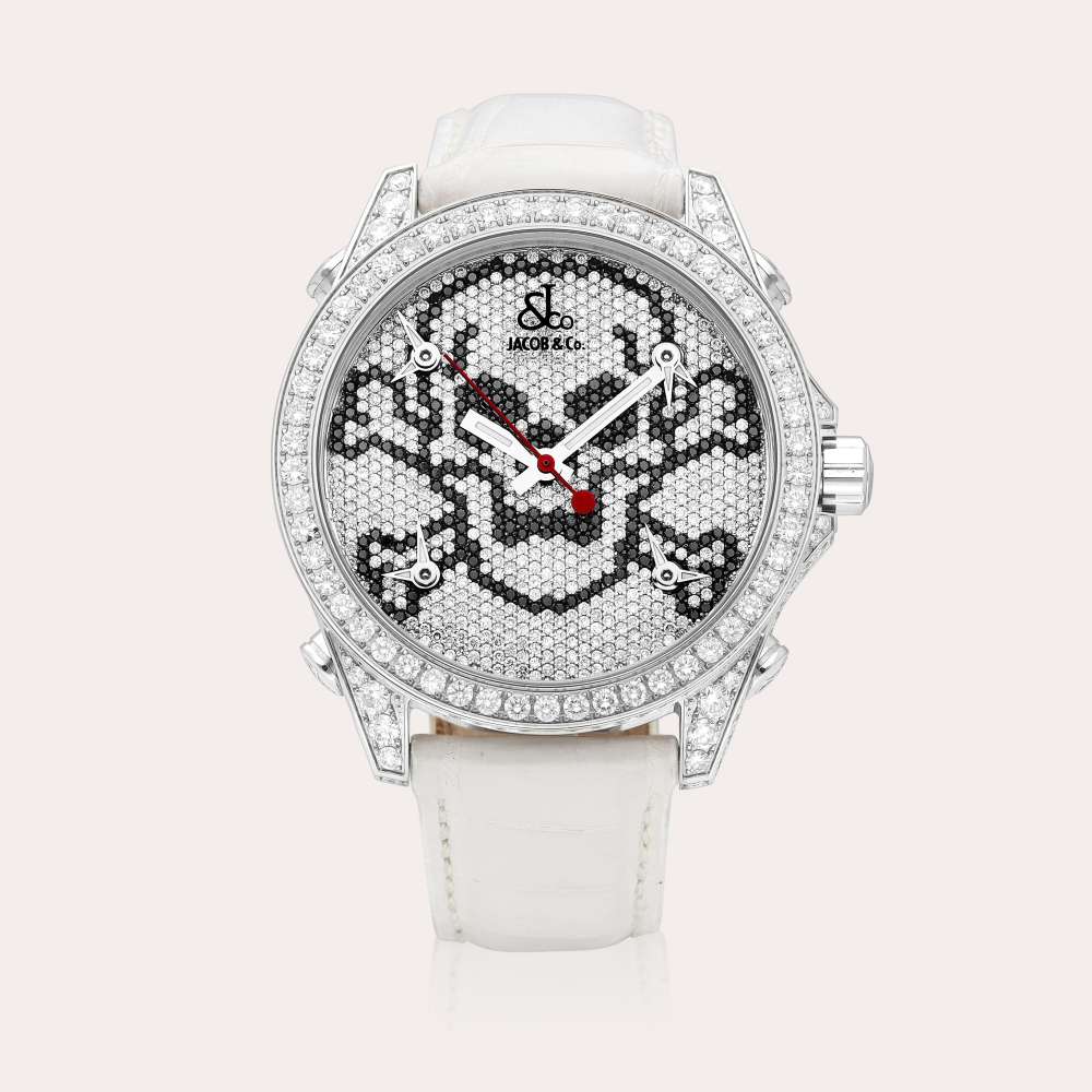 Jacob & Co. The Five Time Zones | A stainless steel, diamond and black gem-set five time zone wristwatch, Circa 2000 | 精鋼鑲鑽石及黑色寶石五地時間腕錶，約2000年製