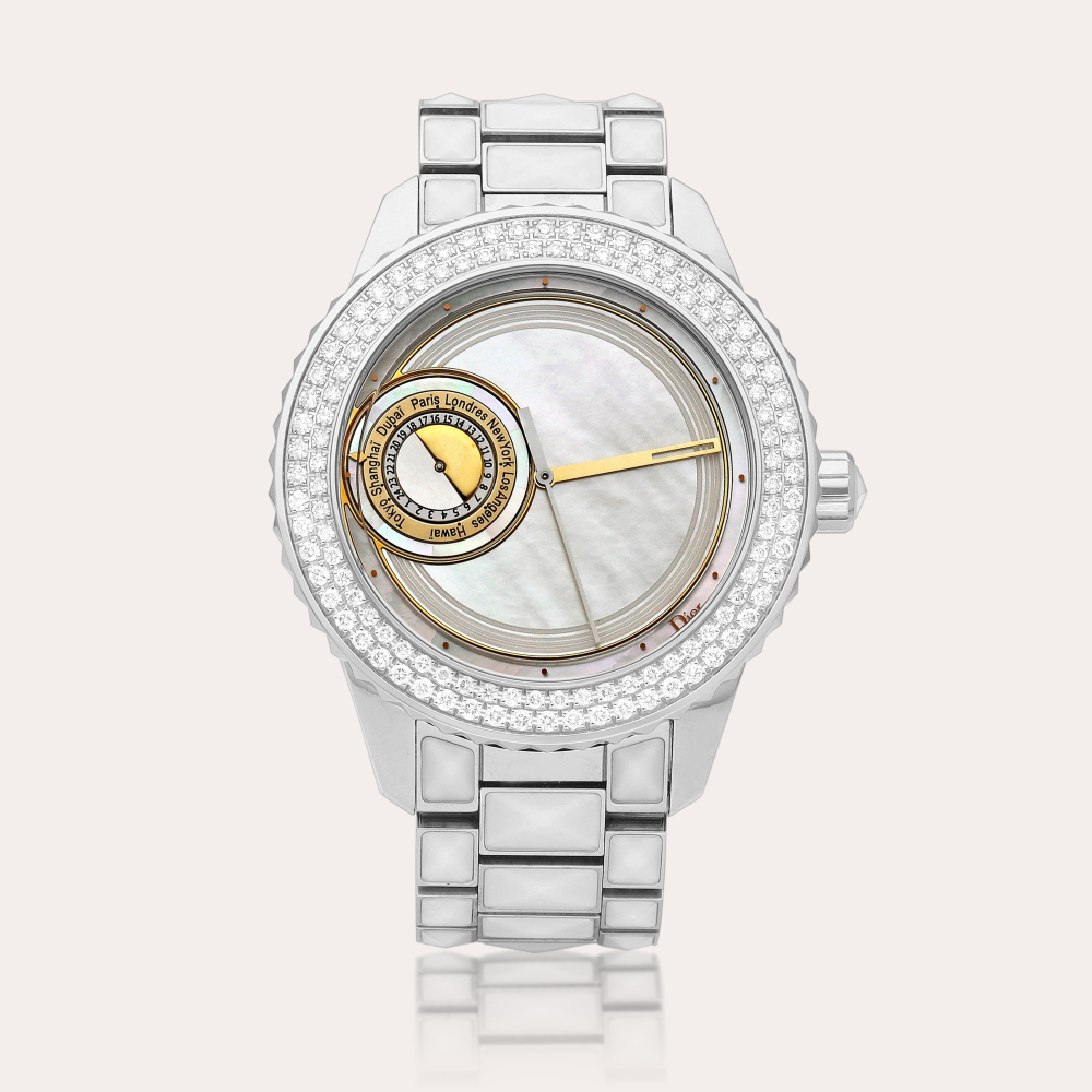 Dior Christal 8, Reference CD114710 | A limited edition stainless steel and diamond-set eight time zone wristwatch with day and night indication, rotating mother-of-pearl dial and bracelet, Circa 2010 | Christal 8 型號