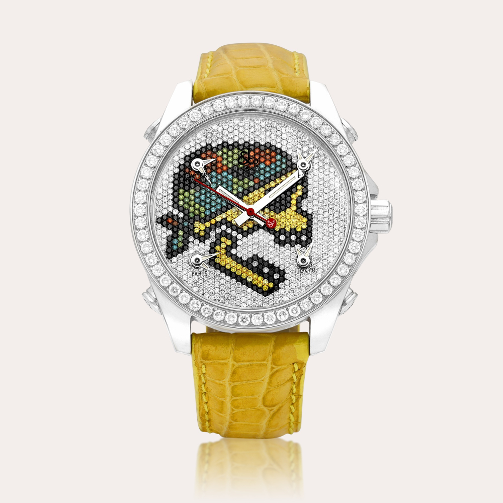 Jacob & Co. The Five Time Zones | A stainless steel, diamond and multi-coloured gem-set five time zone wristwatch, Circa 2000 | 精鋼鑲鑽石及多彩寶石五地時間腕錶，約2000年製