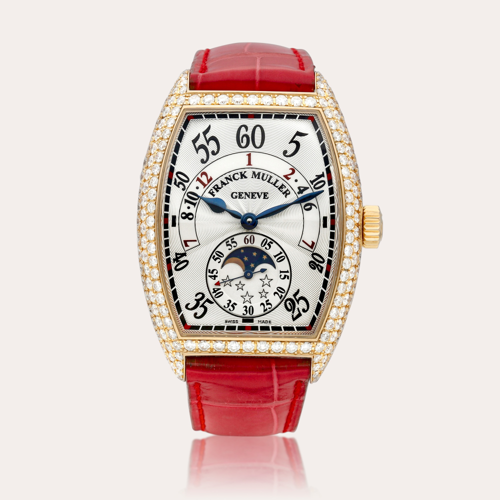 Franck Muller Cintrée Curvex, Reference 7880 H IR L D | A pink gold and diamond-set wristwatch with retrograde hours and moon phases, Circa 2010 | Cintrée Curvex 型號7880 H IR L D | 粉紅金鑲鑽石腕錶， 備逆跳小時及月相，約2010年製